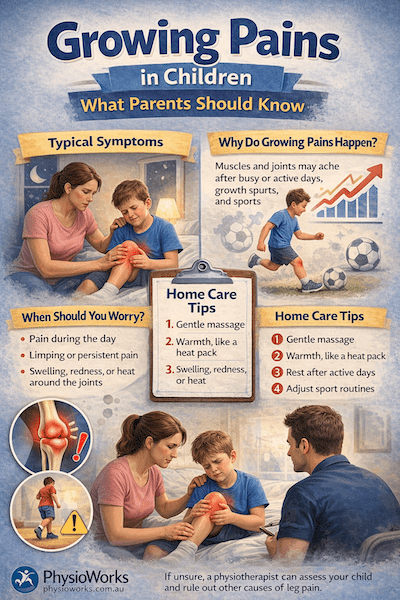 Growing pains in children – symptoms and guidance Growing pains in children infographic explaining symptoms and when to worry