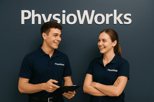 Two young physiotherapists in navy polos standing in front of a PhysioWorks sign discussing a patient case.