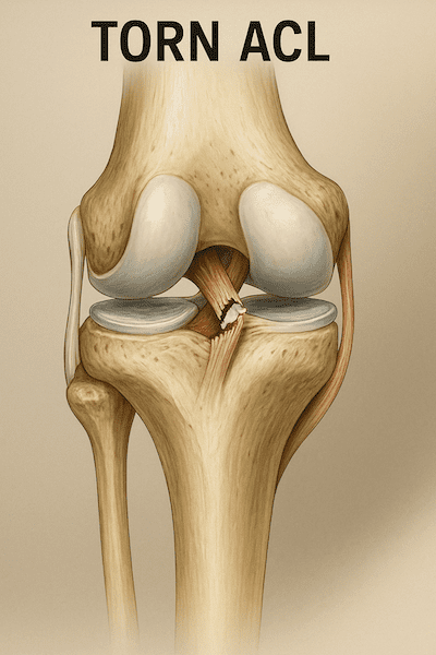 torn-acl-illustration Medical illustration of a torn anterior cruciate ligament in the knee.