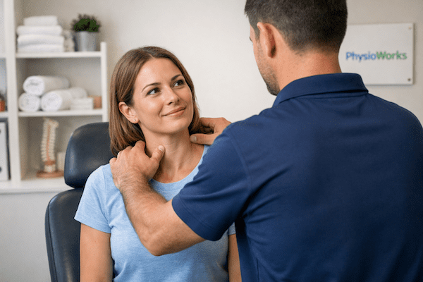 tension-headache-physiotherapy-neck-assessment Tension headache neck and shoulder treatment during physiotherapy session