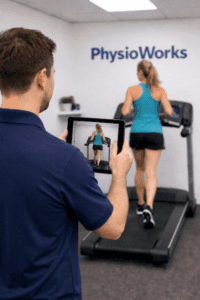 Biomechanical analysis recording runner leg alignment on treadmill