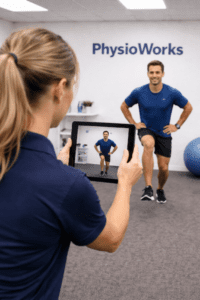 Biomechanical analysis recording male single leg squat from front