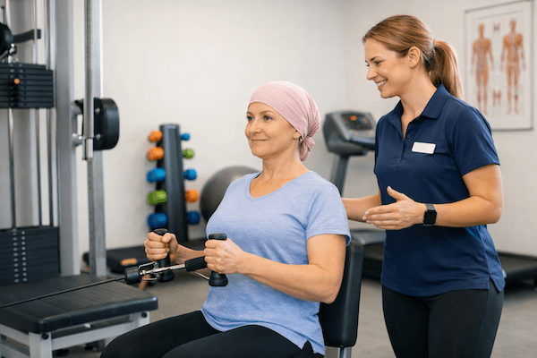 Exercise Oncology Program – Supervised Strength Training Exercise physiologist supervising safe strength training for a person during cancer treatment