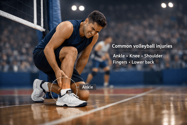 Indoor volleyball players jumping and landing during a competitive rally
