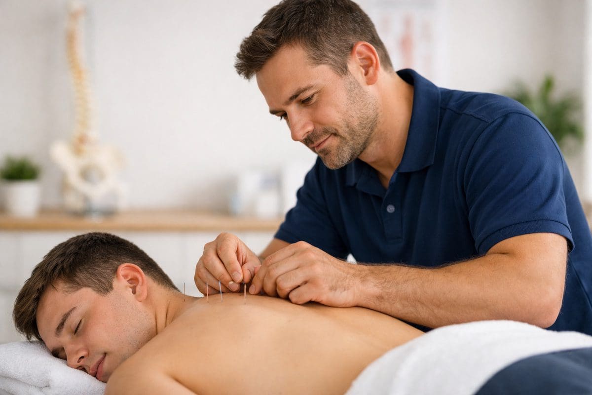 Male physiotherapist performing acupuncture treatment for upper back and neck pain in a Brisbane clinic