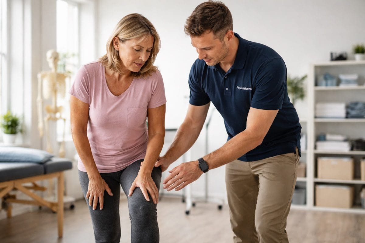 Physiotherapist assessing arthritis joint pain in knee during standing movement test in clinic