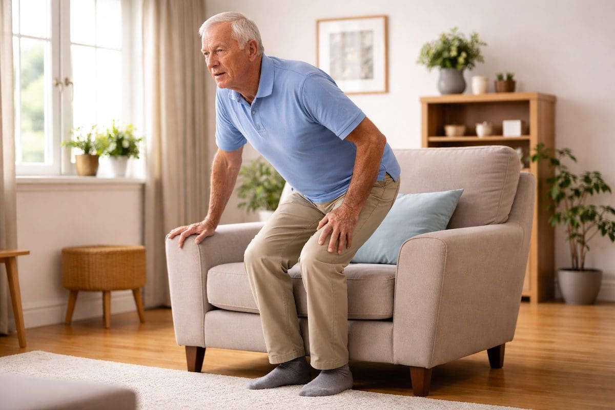 elderly man arthritis joint stiffness standing from chair knee hip pain movement difficulty