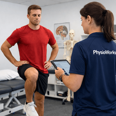 concussion-return-to-sport-balance-test-physiotherapy-clinic Concussion return to sport balance test performed by athlete with physiotherapist assessment