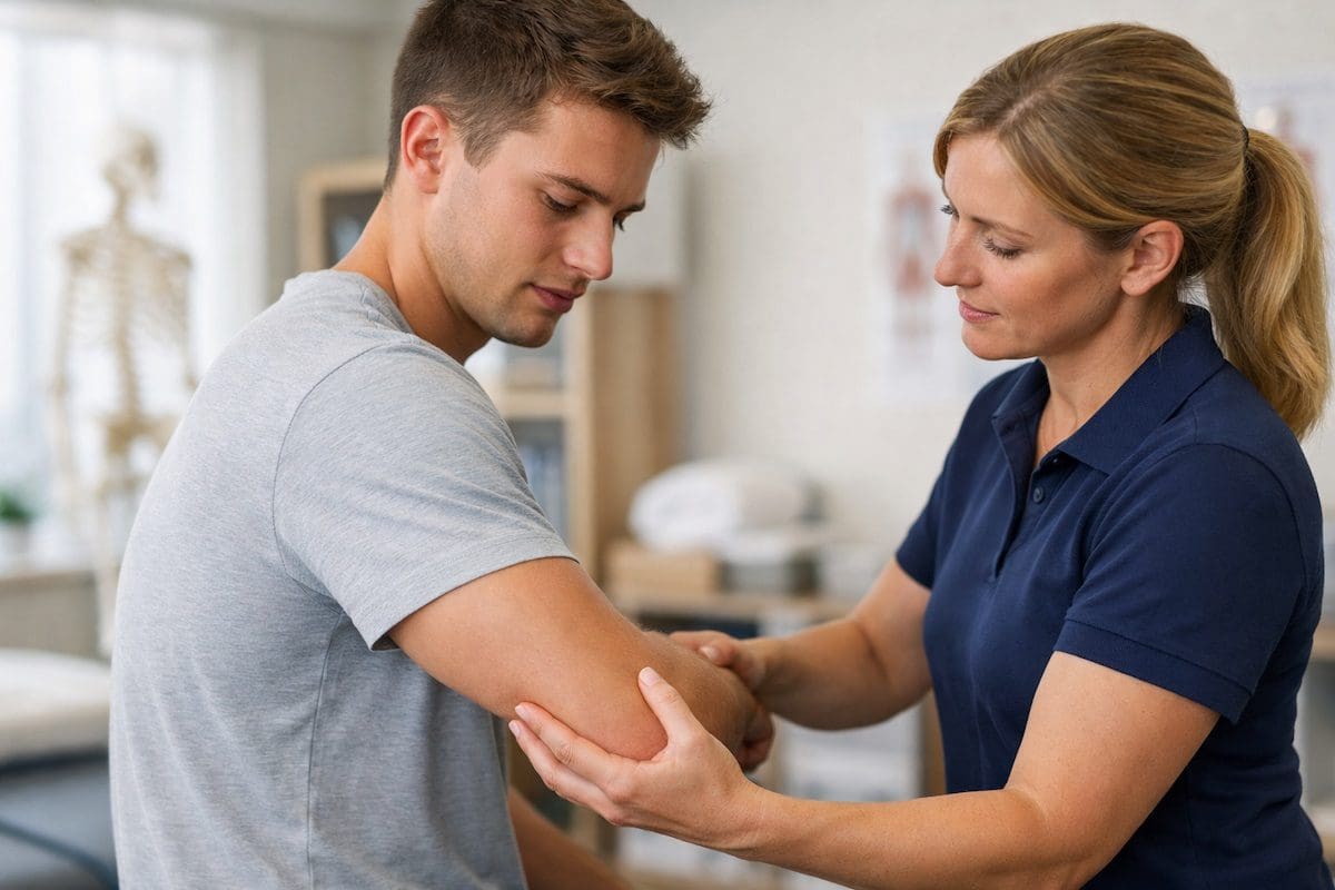 elbow-pain-causes-physio-assessment Physiotherapist assessing elbow pain causes during arm movement test in clinic