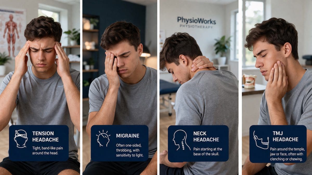 headache-causes-neck-assessment-physiotherapy Headache causes shown by young adult with temple, eye, neck and jaw pain in clinic