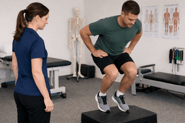 Physiotherapist Sandgate supervising controlled step jumps during lower limb rehabilitation
