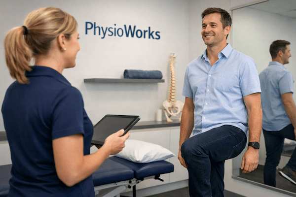 Physiotherapists conducting single-leg balance assessment in clinic