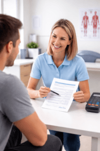 Physiotherapist explaining physiotherapy fees and health insurance rebates to a patient in clinic