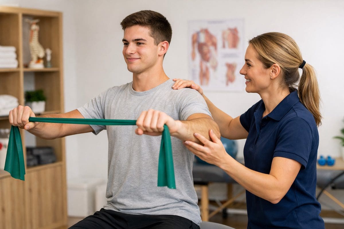 shoulder rehabilitation resistance band exercise guided by physiotherapist