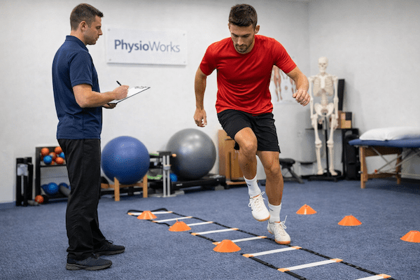Return to sport testing single leg hop agility test with physiotherapist
