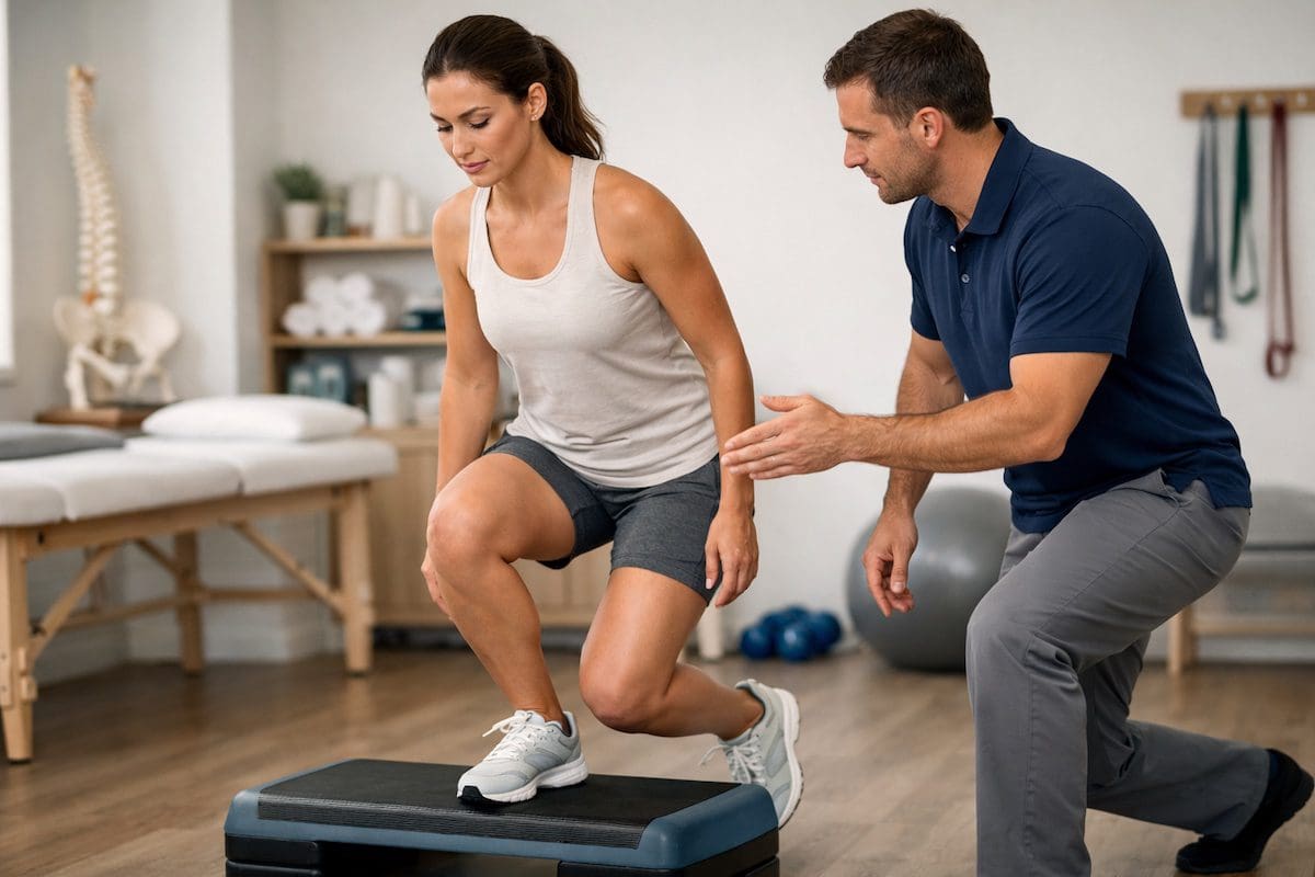 Running injuries rehab with physiotherapist guiding step-down control exercise