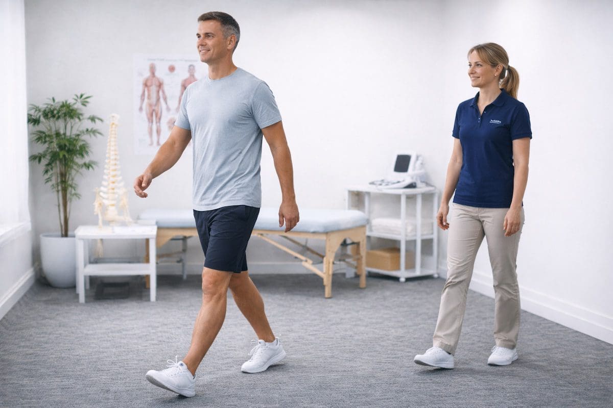 Lower back pain recovery walking confidently during physiotherapy rehabilitation session
