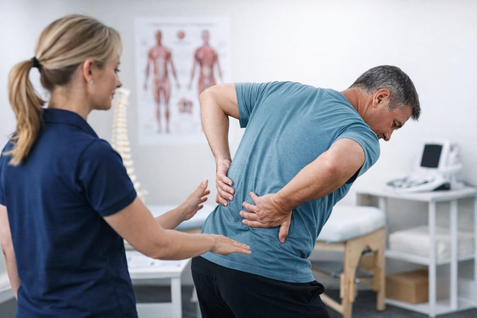 Physiotherapist assessing lower back pain movement in Brisbane clinic setting