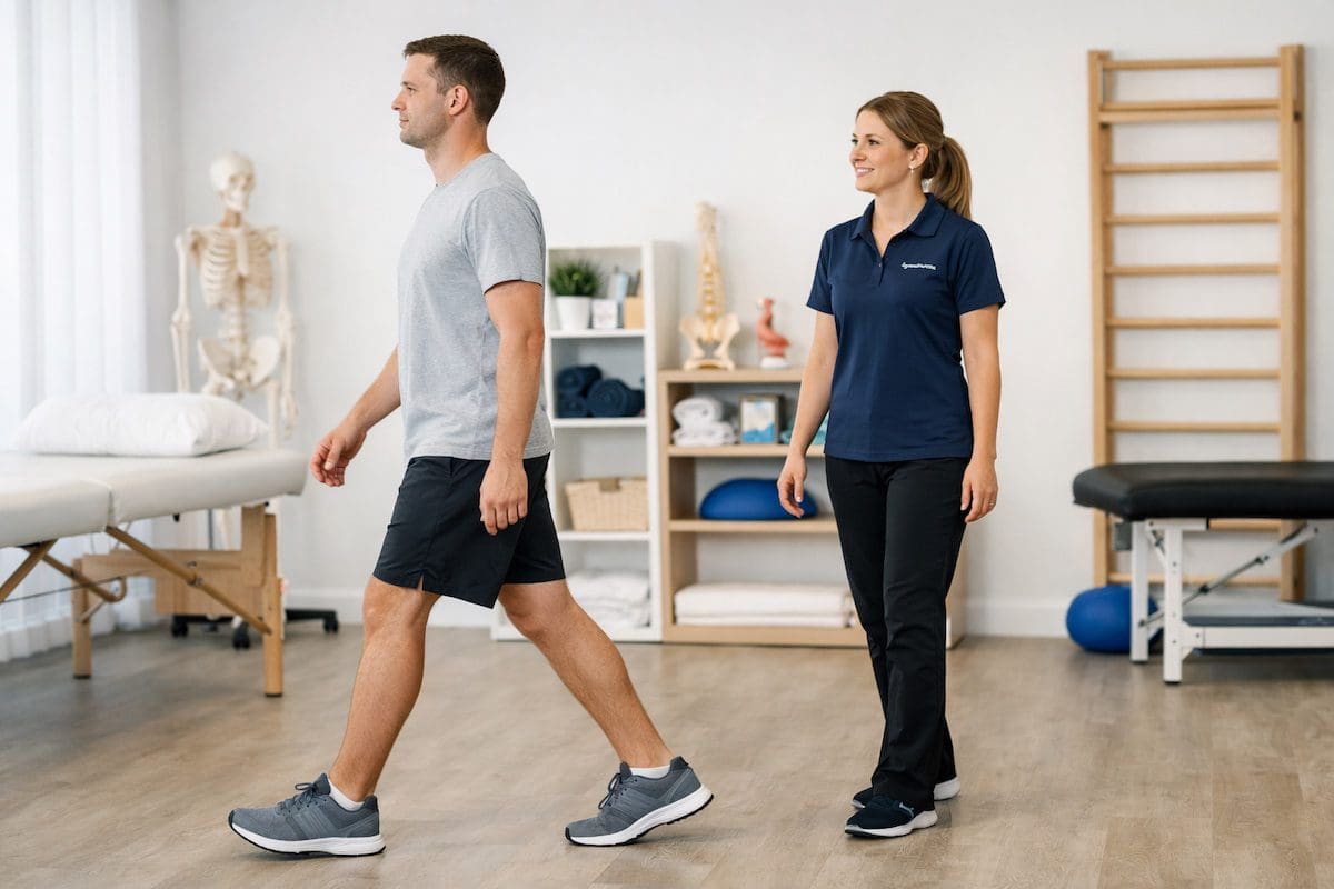 Physiotherapy session in modern clinic physiotherapy Brisbane movement assessment with physiotherapist in a modern clinic