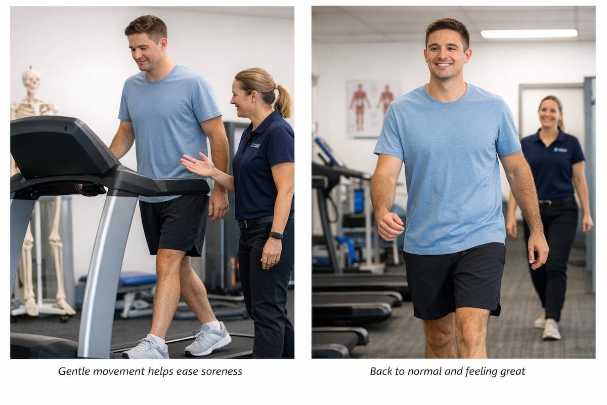 Recovering from muscle soreness with guidance DOMS recovery with light walking movement to reduce muscle soreness and stiffness