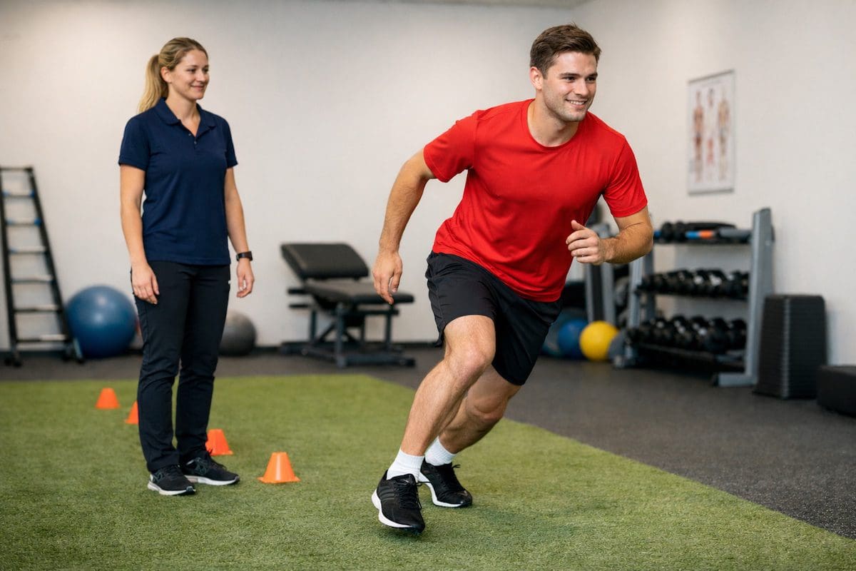 Athlete returning to sport after ACL injury rehabilitation with controlled knee movement
