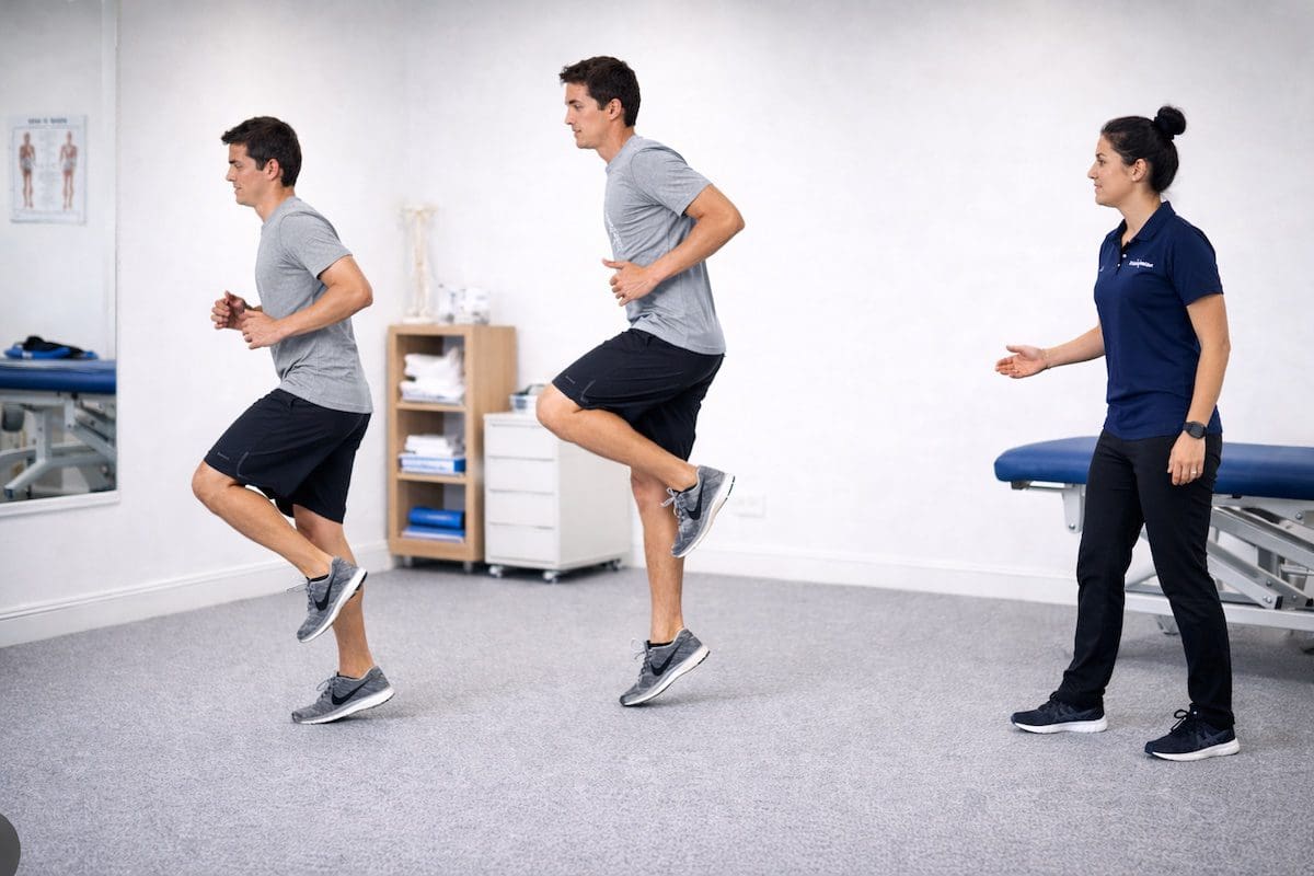 ACL rehabilitation single-leg running progression exercise showing knee control and stability