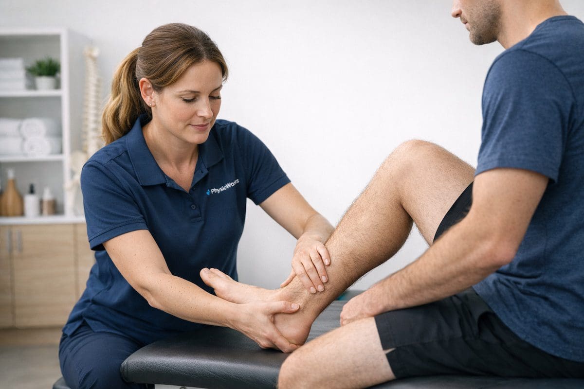 ankle-assessment-physiotherapy-clinic physiotherapist assessing ankle joint mobility with passive movement during ankle injury examination