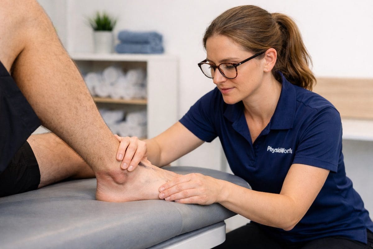 ankle-injury-assessment-lateral-ligament-physiotherapy Ankle injury assessment of lateral ligaments with swelling and bruising by physiotherapist
