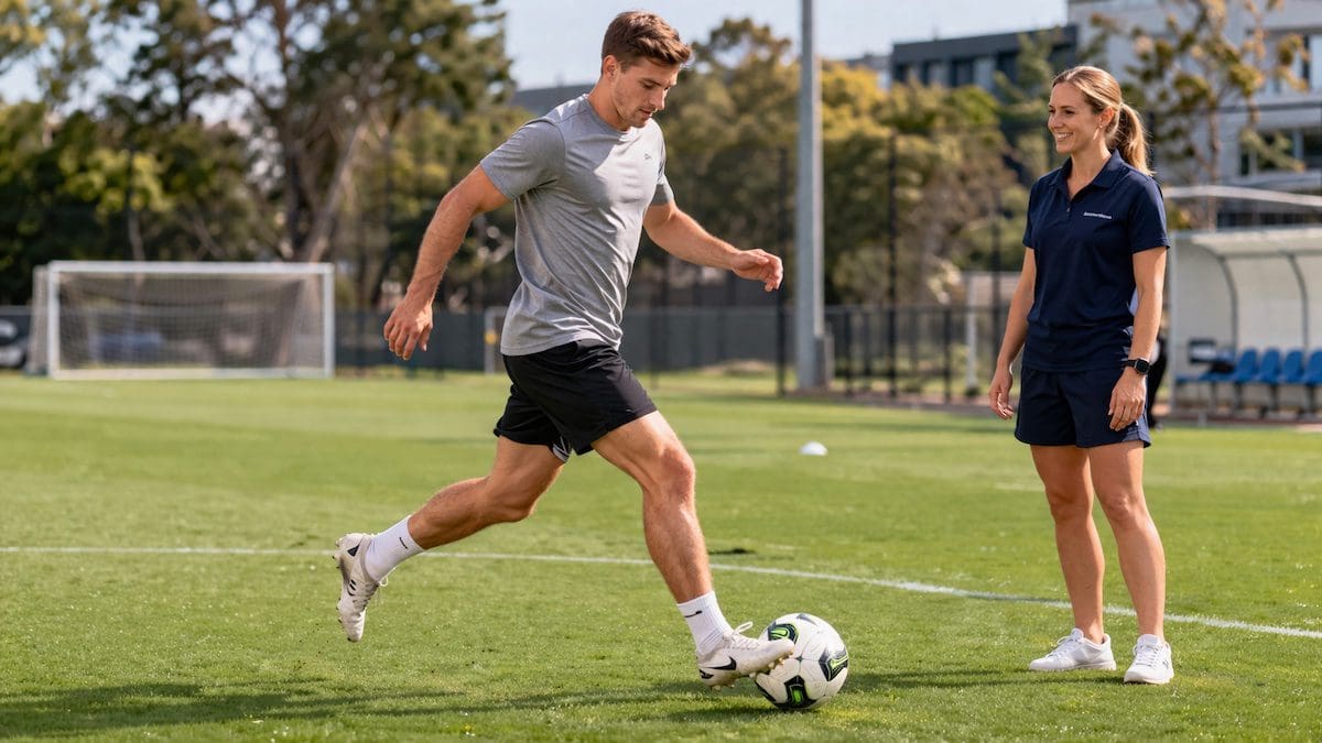 ankle-injury-return-to-football-running Running during football after ankle injury recovery with physiotherapist observing progress