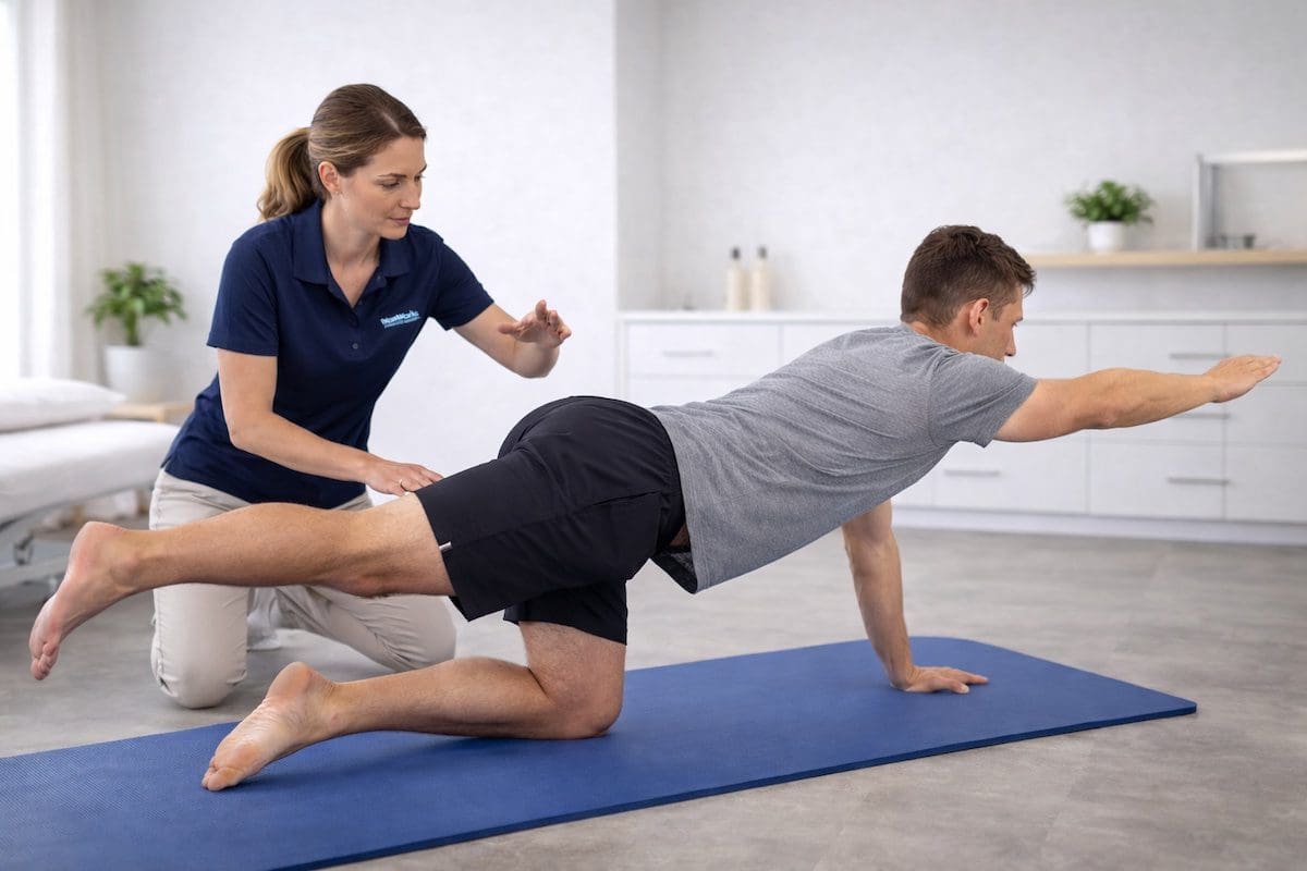 back-pain-core-stability-exercise physiotherapist guiding core stability exercise for lower back pain