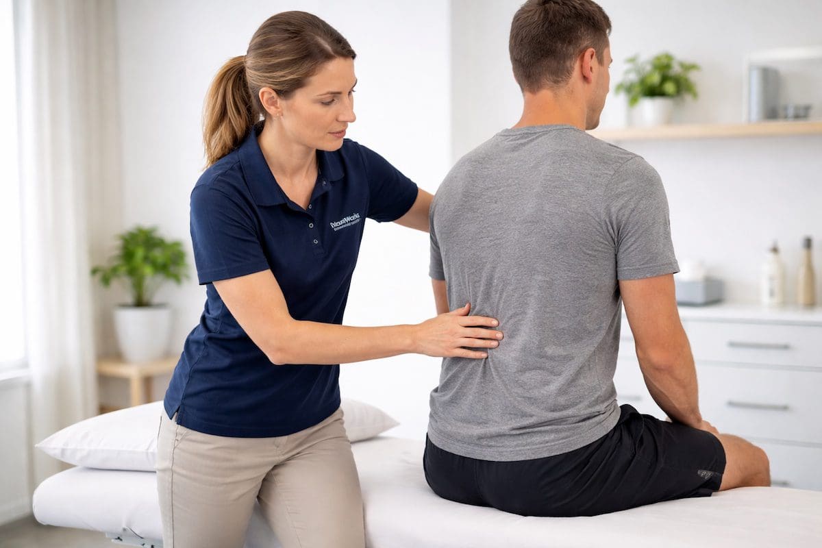 back-pain-physiotherapy-assessment physiotherapist assessing lower back pain during physiotherapy consultation