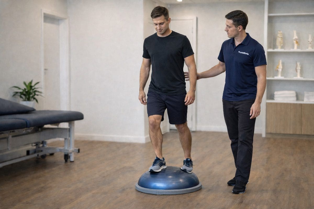 bosu-balance-exercise-ankle-rehabilitation BOSU balance exercise improving ankle stability during physiotherapy rehabilitation
