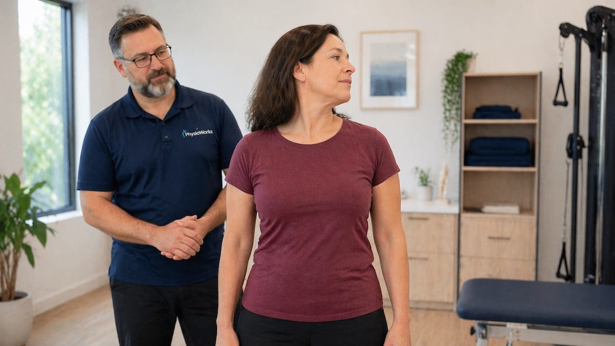 Patient performing controlled head turn after BPPV treatment without dizziness