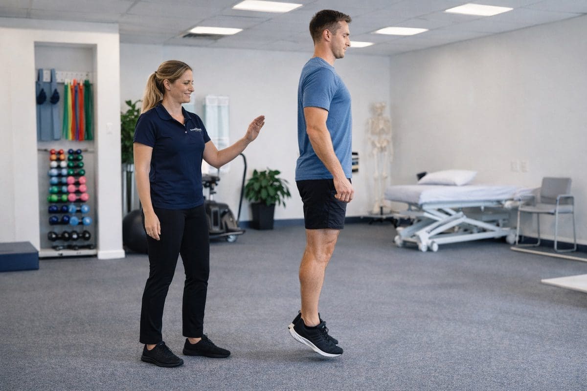 Calf raise exercise strengthening lower leg muscles during physiotherapy rehabilitation session