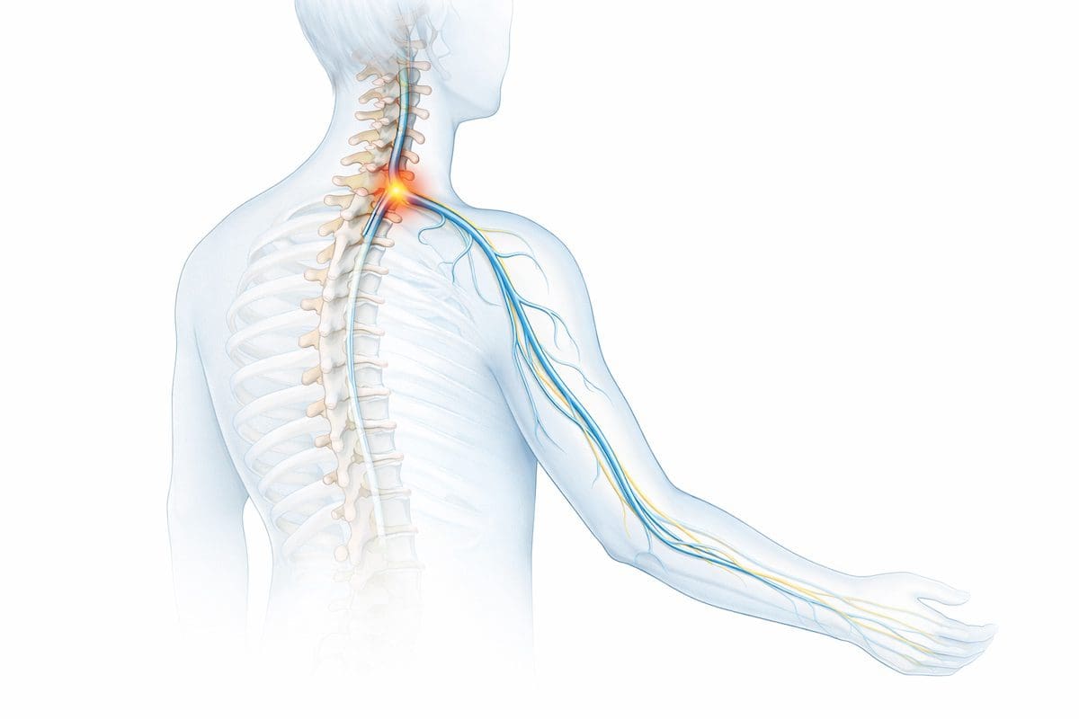 cervical-nerve-compression-neck-arm-pain-diagram Cervical nerve compression diagram showing neck to arm pain pathway from spinal nerve irritation