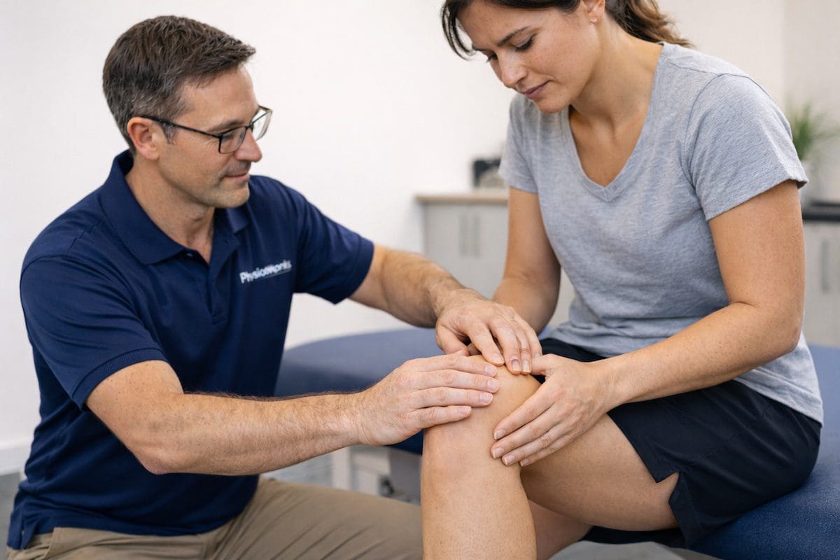 Chondromalacia patella kneecap compression assessment during physiotherapy review of patellofemoral joint pain