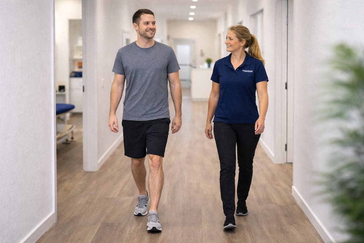 confident-walking-recovery-physiotherapy-shoes-shorts-brisbane Physiotherapy patient walking confidently in shoes and shorts with normal pain-free movement