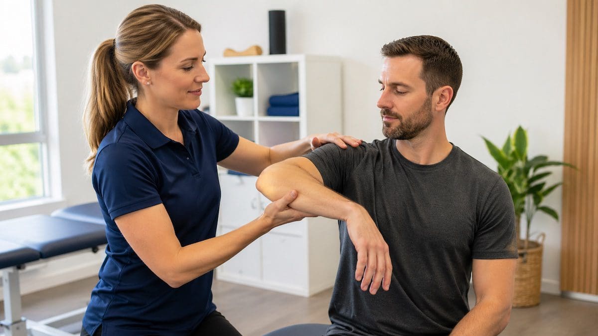cortisone-injection-shoulder-assessment-physio physiotherapist assessing shoulder pain before cortisone injection decision