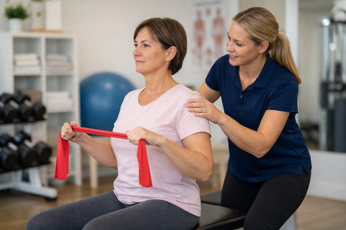 exercise-oncology-physiotherapy-brunette-supervised-rehab exercise oncology patient performing resistance exercise with brunette exercise physiologist supervision