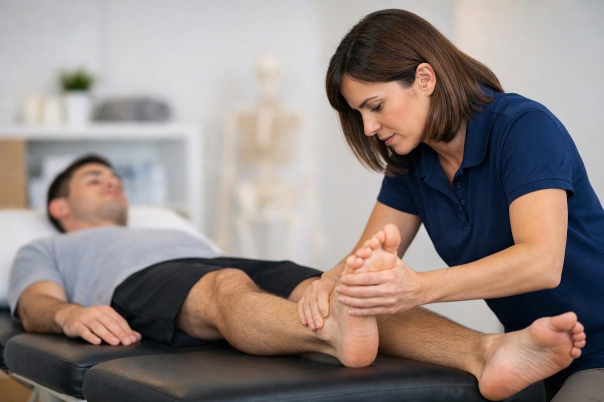 Foot and ankle manual therapy treatment by physiotherapist in clinic setting