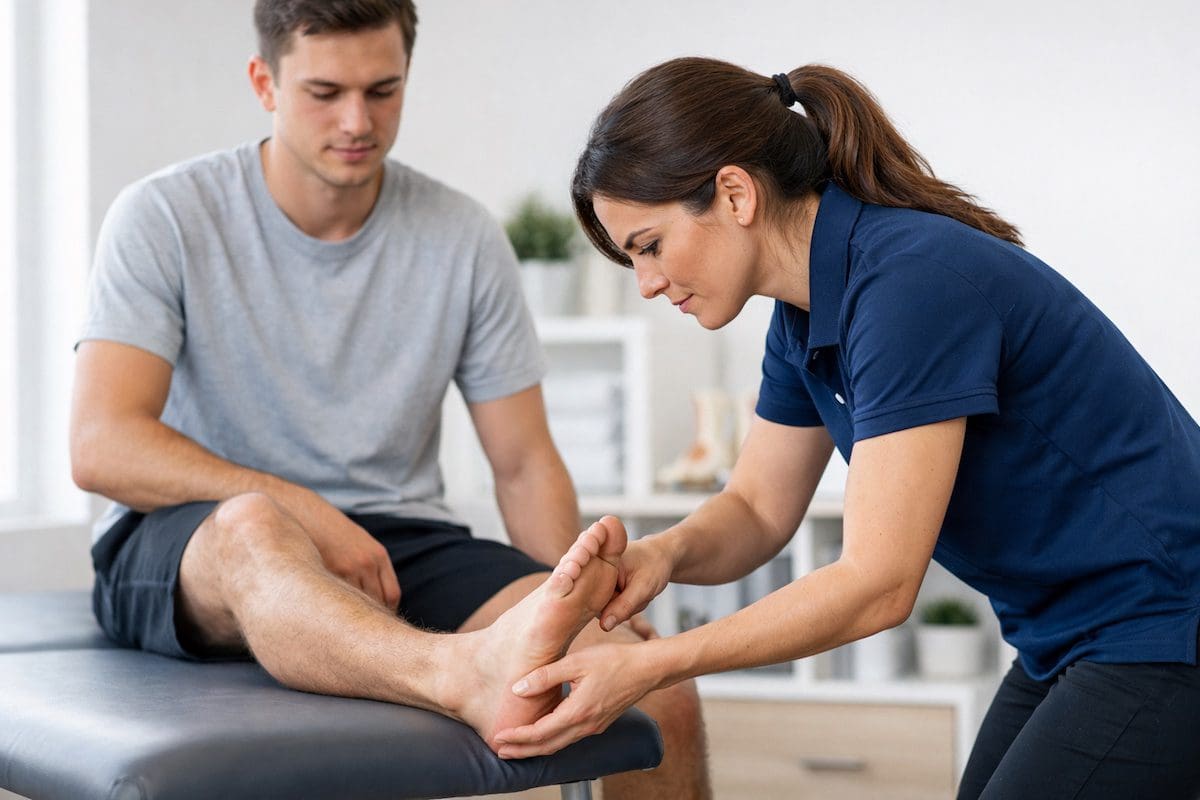Physiotherapist assessing foot pain through arch and ankle movement testing