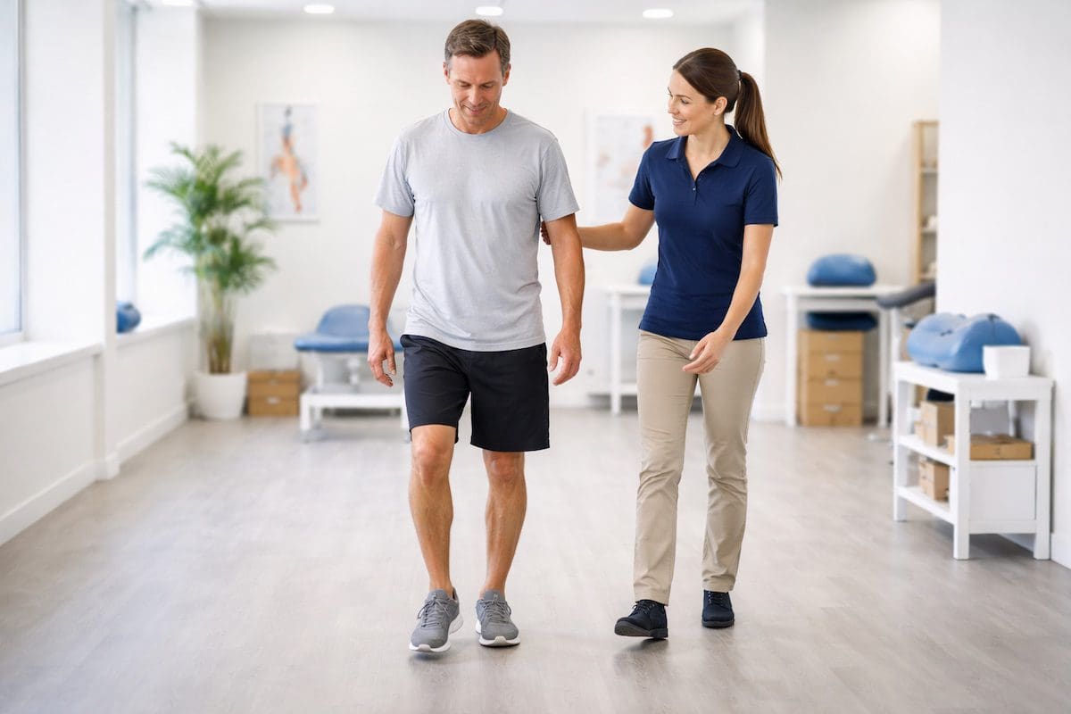 fracture-rehabilitation-walking-physiotherapy Physiotherapist guiding walking after lower limb fracture during rehabilitation session