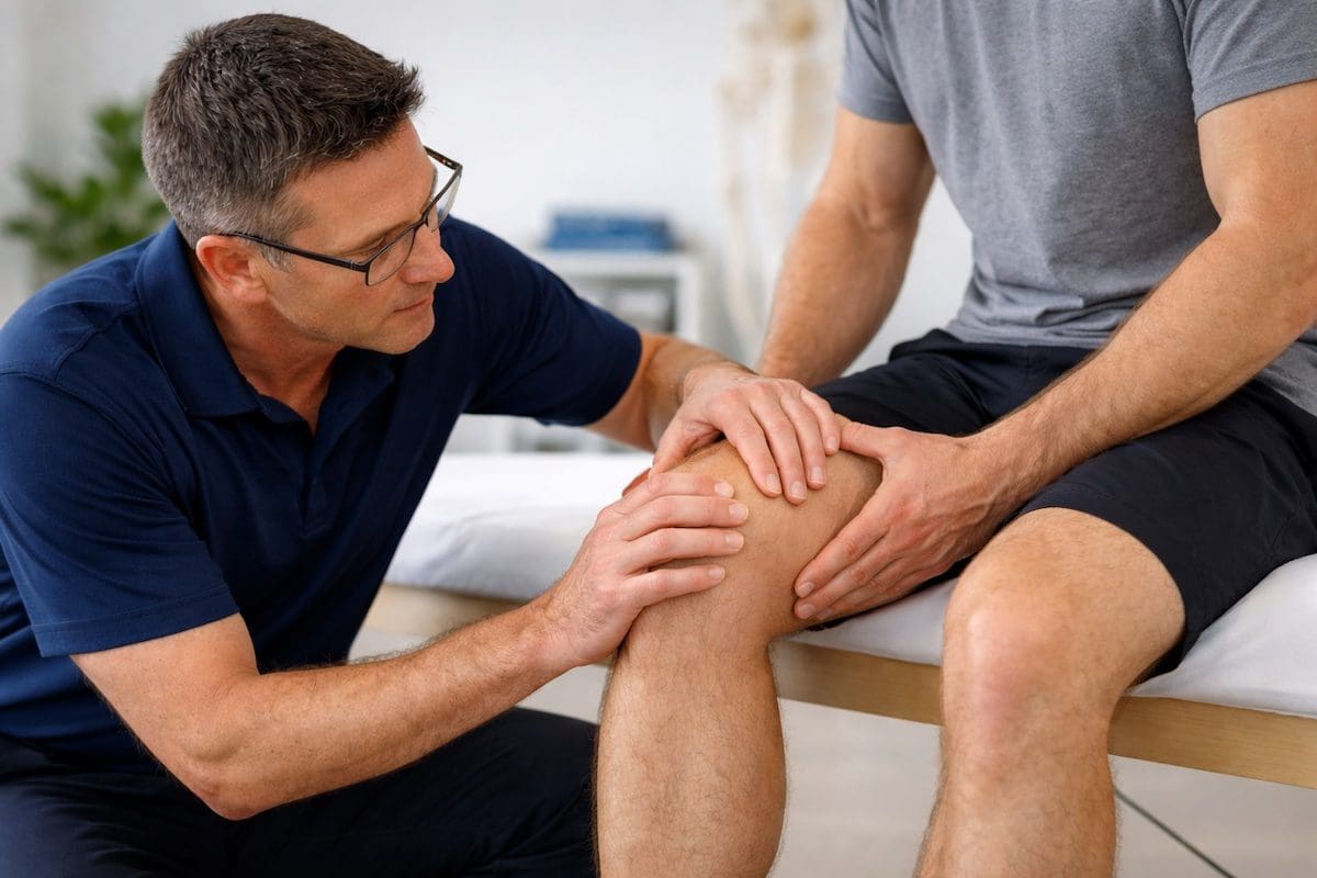knee-joint-assessment-physio physiotherapist assessing kneecap and joint line for serious knee injury signs