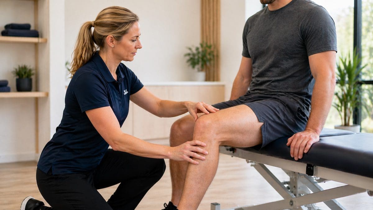physiotherapist assessing knee ligament stability during movement test