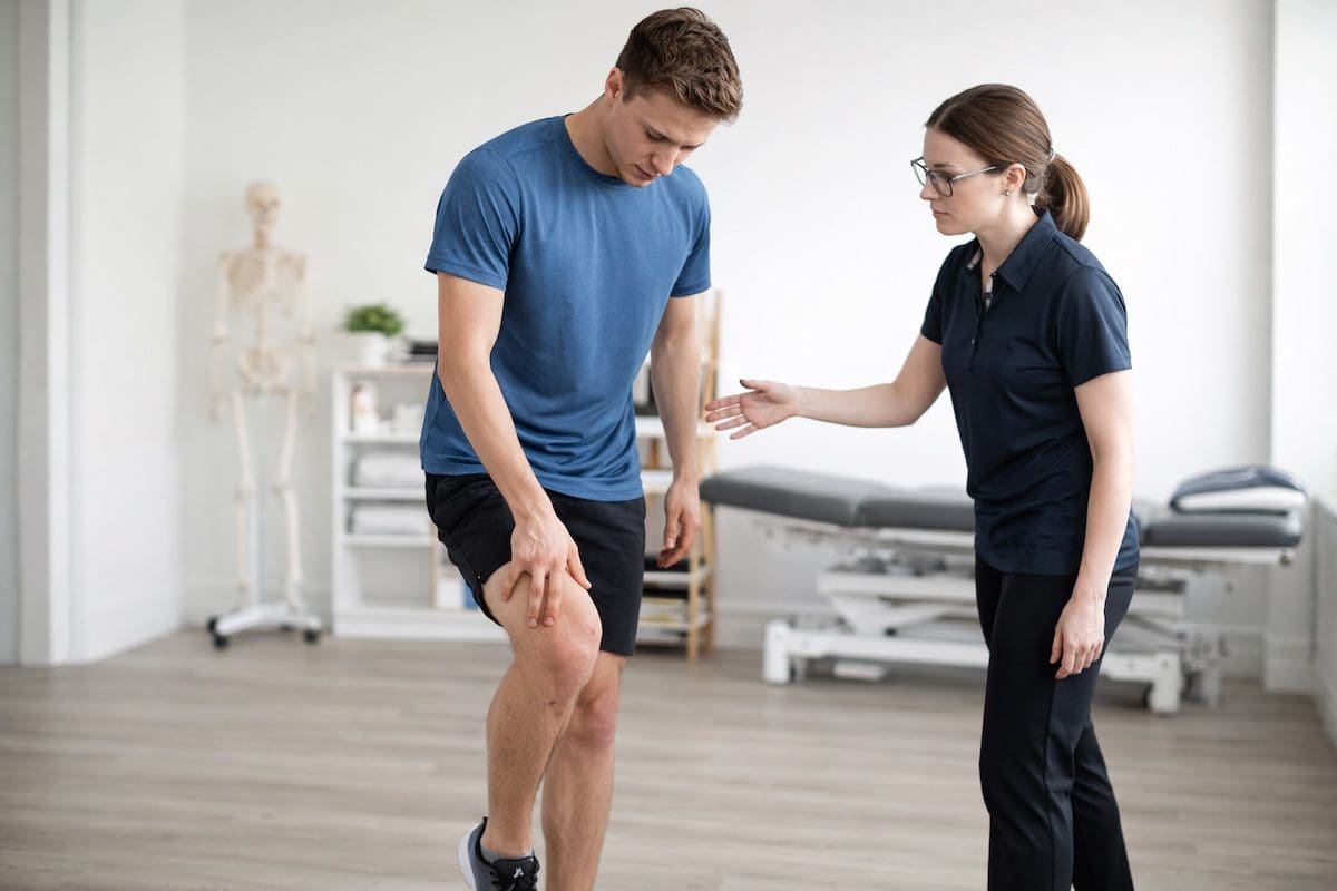 Runner with knee pain pointing to knee during physiotherapy assessment in clinic