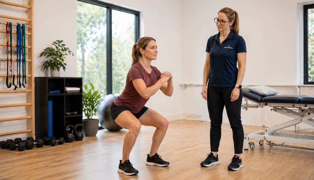Knee treatment functional squat progress with physiotherapist supervision