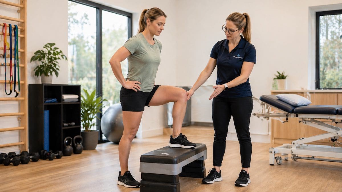 Knee treatment low step-up rehab exercise with physiotherapist cueing alignment