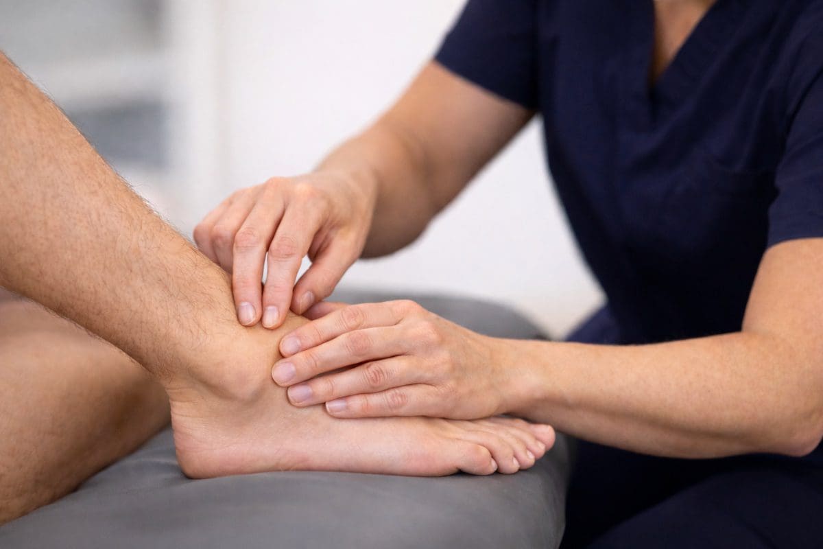 lateral-ankle-ligament-assessment Lateral ankle ligament assessment with physiotherapist palpating anterior talofibular ligament