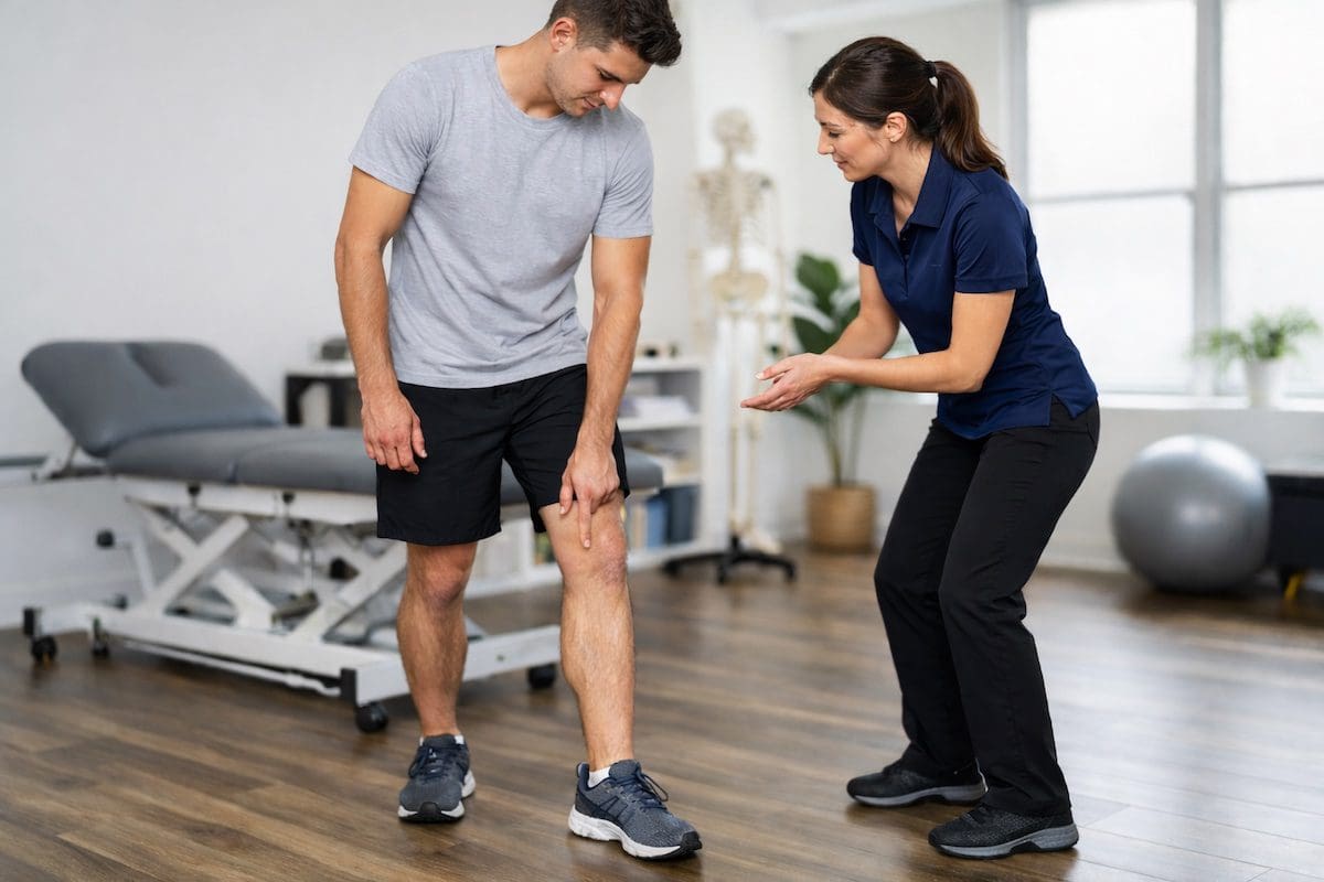 mcl-strain-knee-assessment-physiotherapy MCL strain knee assessment with physiotherapist examining medial knee pain alignment