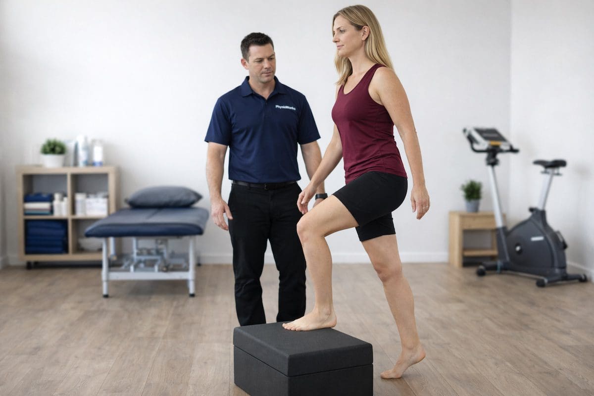 Patient performing a controlled step-up during meniscus rehabilitation